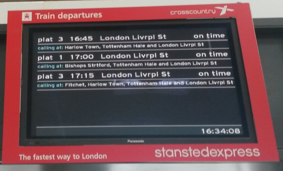 [Stansted Airport]At least this screen at the front of the Stansted Airport terminal gives the Cross Country as well as Stansted Express logo, but despite there being plenty of unused space on the screen it doesn't show the 17:27 to Birmingham calling at Cambridge, Ely and Peterborough amongst others that departs in only 50 minutes. A lost opportunity to raise awareness of the vital service