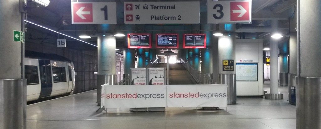 [Stansted Airport]As well as the two escalators to take passengers up to the airport concourse, which cannot really cope with a 12-coach train full of people, there are also ramps but these are closed for revenue protection reasons