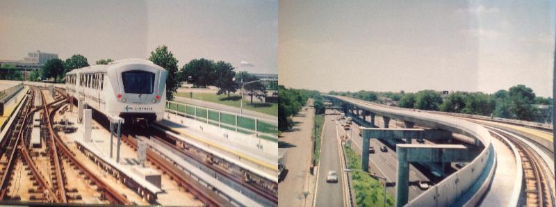 [New York]These two views show the JFK Skytrain in action. The first shows the automatically controlled unstaffed vehicles operating on traditional track that operate singly or in pairs taken from the front of an Airtrain vehicle. The second, also taken through the front window shows the elevated infrastructure over a freeway. This system is  designed for speed as can be seen from the photograph running at 3-minute headways at 60mph with no staff on board.  Photo by Ian Brown for Railfuture