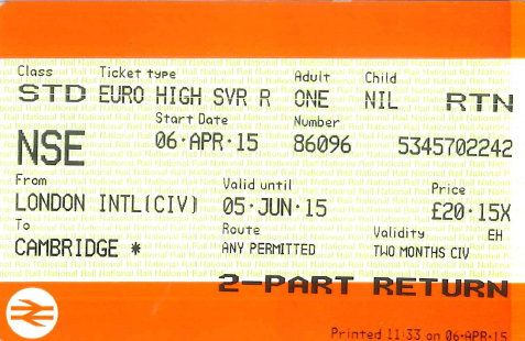 Example of a Euro High-Saver ticket that includes the CIV guarantee of a connection onto Eurostar without additional payment if a train on Britain's rail network is delayed or cancelled resulting in the passenger missing their Eurostar train. Example of Cambridge to London