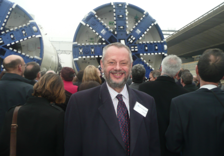 Photo shows Ian Brown at the early stages of construction of Crossrail, a project that he was heavily involved in promoting. Upon retirement he became a Railfuture Vice President and subsequently a Railfuture Director