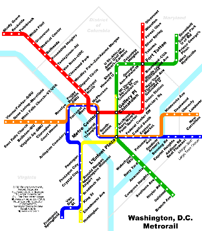 [Washington DC]Map of the Washington Metro system showing good interchange between lines providing the base of a comprehensive transport network for the city.  Image by Washington Metropolitan Area Transit Authority.