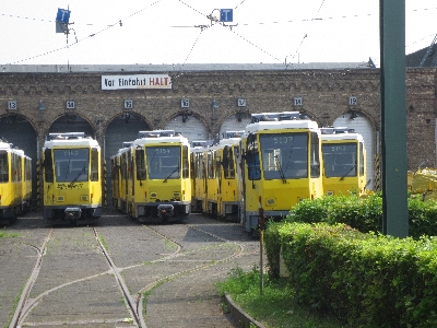 [Berlin]The old eastern bloc Tatra trams are rapidly being replaced by the new Flexity trams. The picture shows these being lined-up in the depot at Pankow prior to disposal.  Photo by Ian Brown for Railfuture.