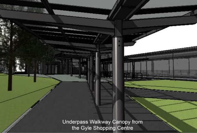 [Edinburgh Gateway]Railfuture campaigns for high-quality protection from the rain and wind. There is a continuous canopy along the walking route between the Gyle Shopping Centre and Edinburgh Gateway station
