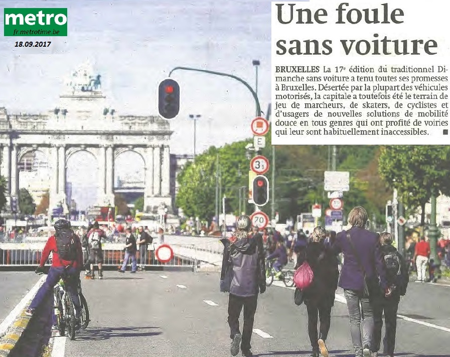 On Sunday 17 September 2017 the 17th annual car-free day was held in Brussels. This attempt to encourage people to use public transport rather than their car was covered on the front page of the free Metro newspaper the following day