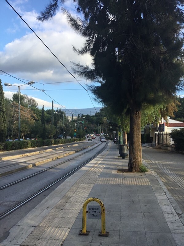 Difficult to believe that this is near the centre of Athens where one lane of a dual carriageway has been replaced by the tram the dual carriageways of Birmingham( would lend themselves to this treatment. Network Rail clearly did not design the catenerary! Photo by Ian Brown for Railfuture