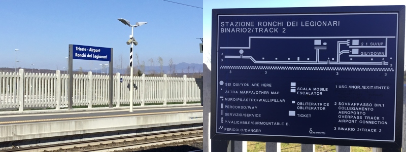 Trieste Airport is a good example of Italian Railways and Metro operators providing good signage using Braille. Photo by Ian Brown for Railfuture