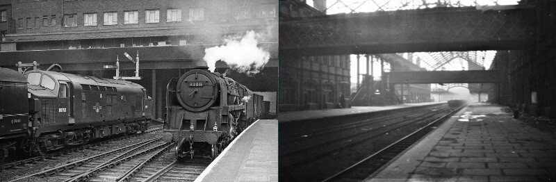 Nottingham Victoria, left (with Down freight and Up express, photo by Ben Brooksbank under the Creative Commons Attribution-ShareAlike 2.0 license via Wikimedia. View southward at the south end, to Parliament Street Bridge and Tunnel. A Down Class E freight (a Woodford Halse - Annesley 'Runner') pounds out on the Down Through, headed by BR Standard 9F 2-10-0 No. 92011, while on the Up line new English-Electric Type 3 Co-Co Diesel No. D6753 leaves on the 10.08 York to Bournemouth express. Taken on 12 October 1962) and right (during demolition in 1967, photo by Chris Page for Wikimedia)