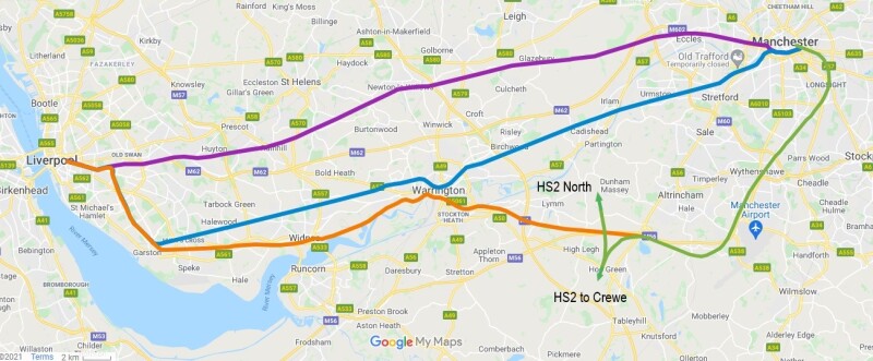 (Screenshot of Google MyMaps, map data ©2021 Google).  
Purple = “Chat Moss” route - 51.4 km (32 miles) 
Blue = CLC route via Warrington - 55.9km (34.7 miles)
Orange = proposed NPR route to join HS2 route in Green, a total of 66.9km (41.5 miles)
