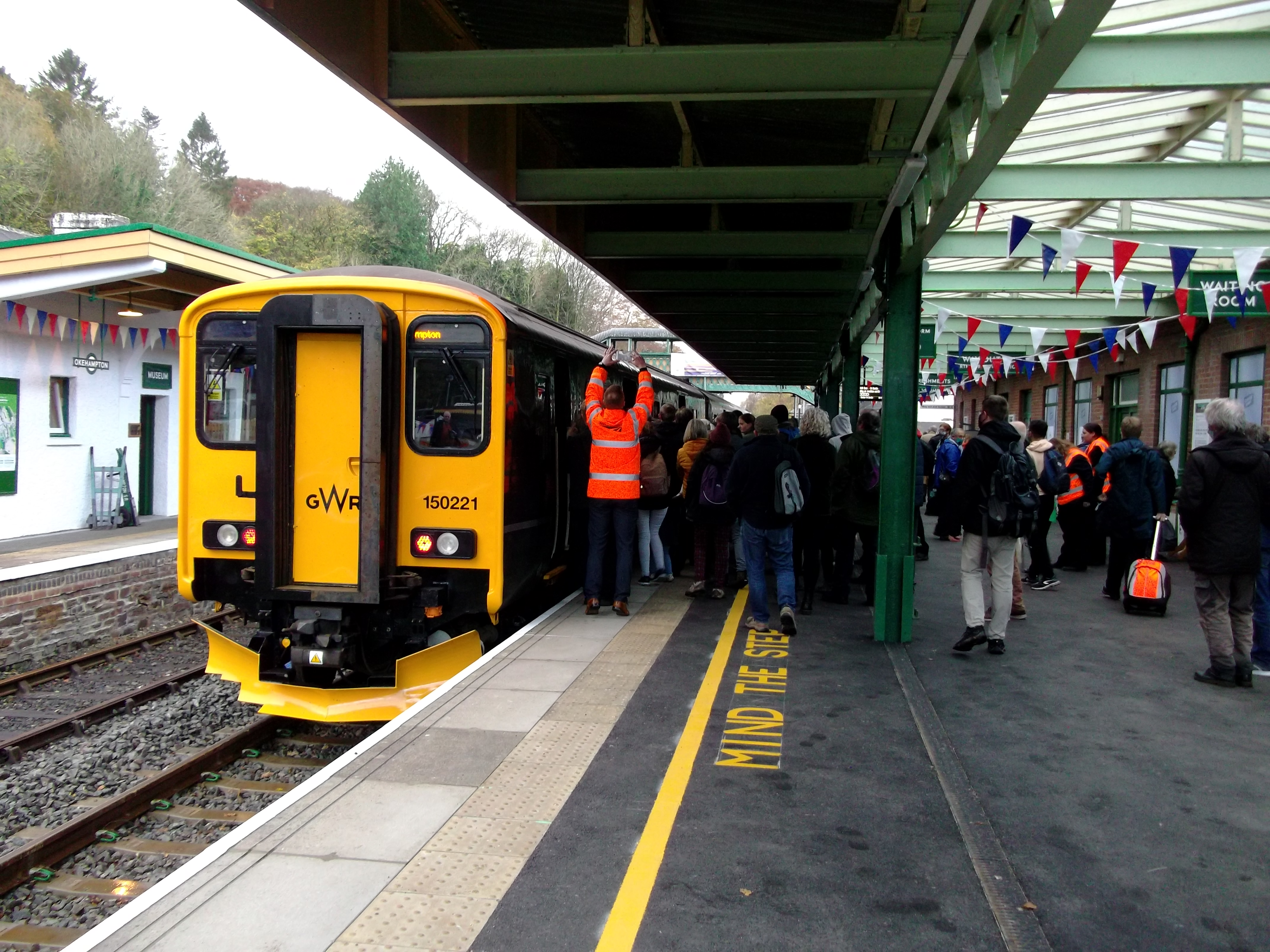 Okehampton station platform 3 on reopening day with mid afternoon departure to Exeter.