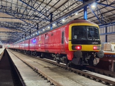 The fastest freight train in Britain. 100mph  Royal Mail freight at Royal Mail’s depot at Willesden. Photo by Royal Mail.