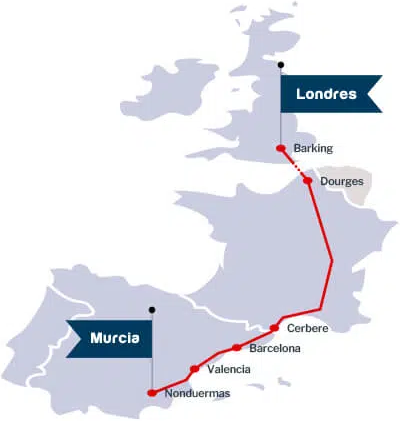 Map of rail route from Murcia to Barking. Image by maritimasureste.com