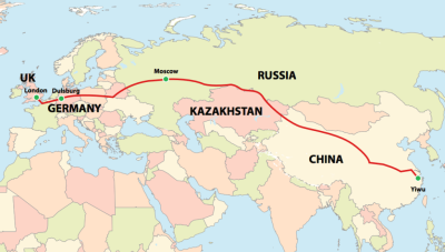 2018 Map of the Silk Road railway routes from China to continental Europe and hopefully through the Channel Tunnel and HS1 to Barking. Image by CSCS (China)