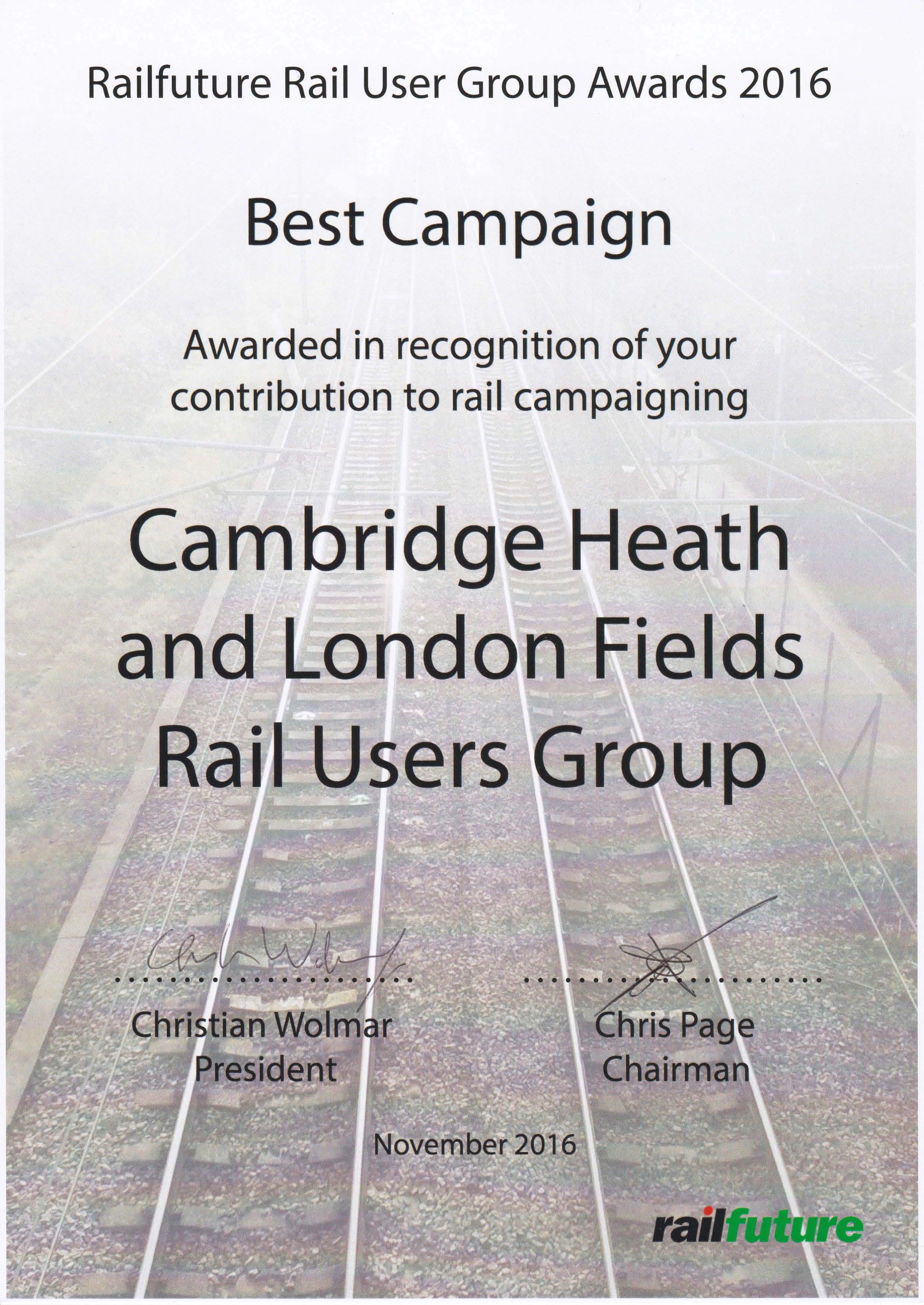 GPH-LON:2016.11.12 - Best Campaign Gold Award 2016 for Cambridge Heath & London Fields Rail Users Group