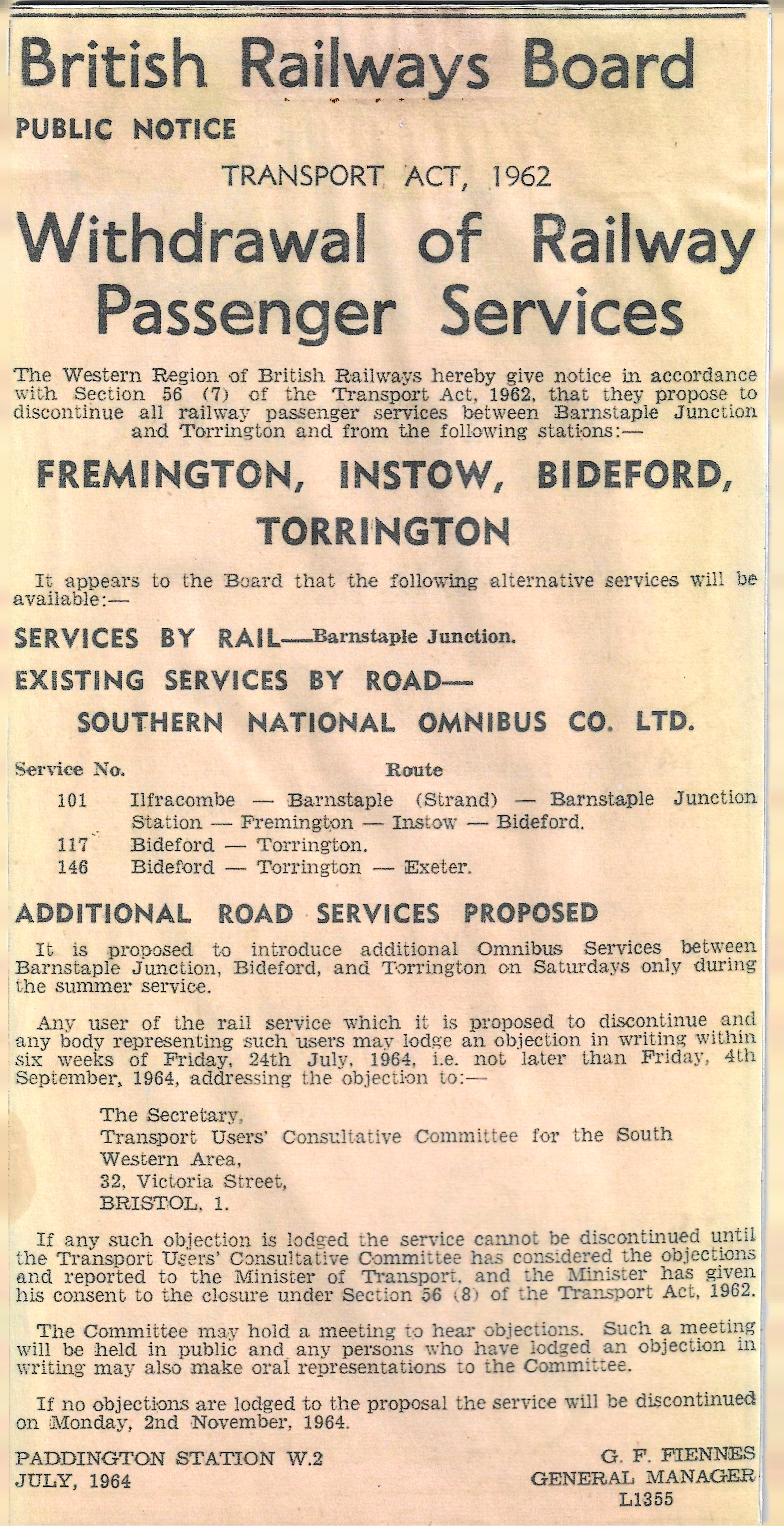NON:BRB Barnstaple-Torrington closure notice July 1964
