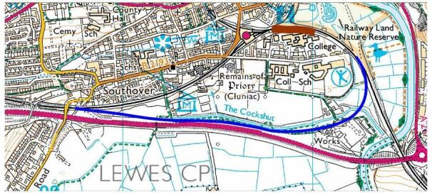 Map showing the location of a possible loop around Lewes
