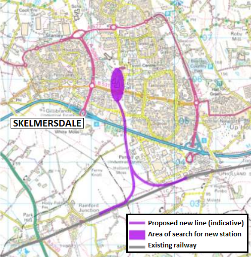 Map showing route of the former railway Skelmersdale branch line that once served a station in Skelmersdale 