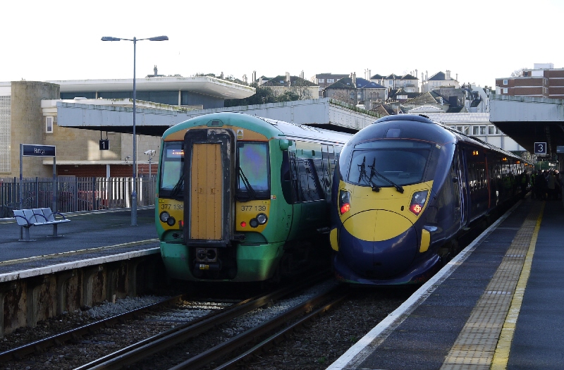 Wider shot of two trains at Hastings - one is the first Javelin to visit Hastings and highlights Railfuture's campaign for HS1 services to Hastings and Bexhill.  Photo by Chris Page for Railfuture
