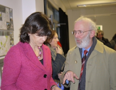 Railfuture's Roger Blake briefs rail minister Claire Perry at the Hastings Rail Summit on its campaign to reinstate the Uckfield-Lewes line and its proposed Thameslink 2 concept.  Photo by Chris Page for Railfuture